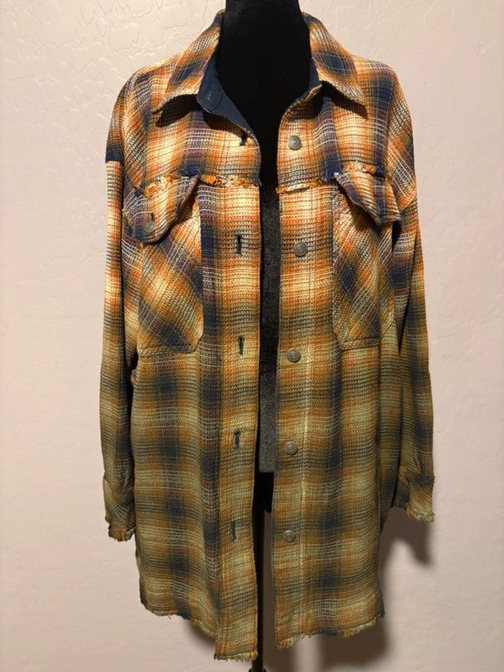 We The Free People Anneli Plaid Shirt Jacket Shacket Large Green Blue Ombré